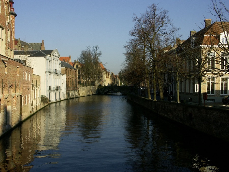 C'est une vue des canaux de Bruges prise à l'hiver 2005