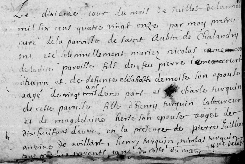 Page 1 de l'acte de mariage de Nicolas Jumeaucourt et Charlotte Turquin à Chalandry