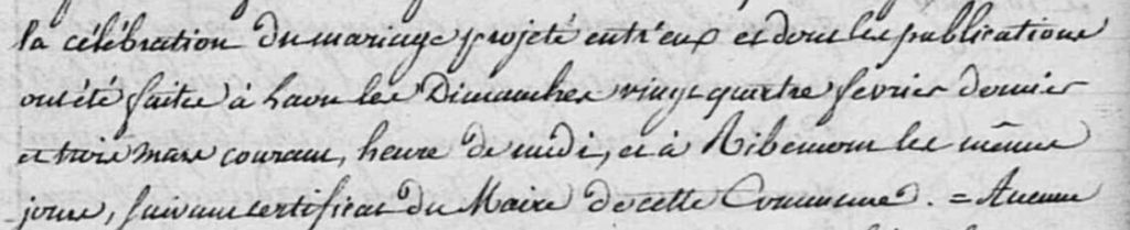 Extrait de l'acte de Mariage indiquant les publications à Ribemont